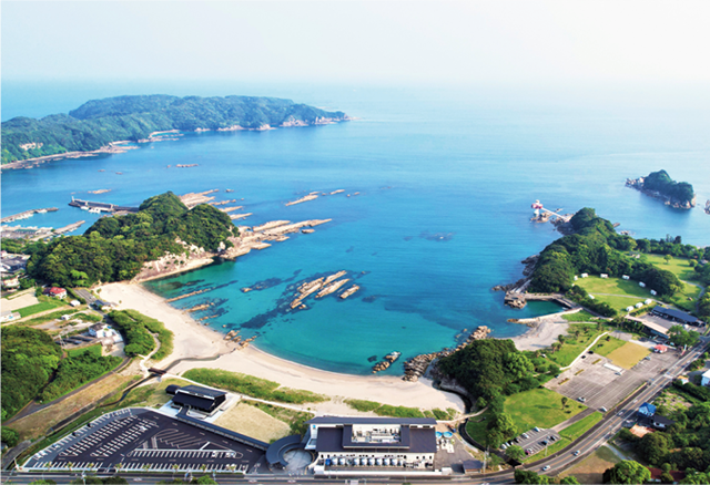 竜串湾を望んで建つ海洋館SATOUMI。右手に海底館、左手には竜串・見残しの奇岩が見える