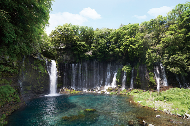 富士山の湧水が幅200mにわたって噴出し、白糸が垂れているように見えることからその名が付いた白糸ノ滝。富士講信者の巡礼・修行の場であるほか、景勝地としても知られ絵画や和歌の題材にもなっている