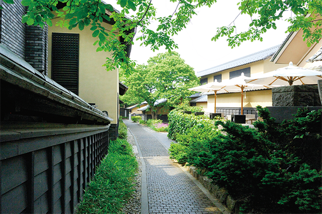 栗の木の間伐材が敷き詰められた「栗の小径」と瓦屋根の家並み