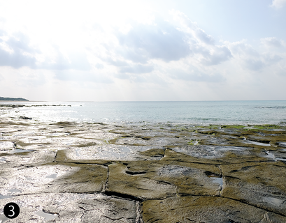 奥武島の南西側海岸にある畳石。沖縄県の天然記念物に指定されている